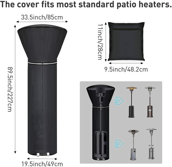 210D Patio Heater Cover, Standup Outdoor Round Heater Covers with Storage Bag, Oxford Fabric Windproof & Waterproof Heater Covers with Zipper and Drawstring, 89.5'' H x 33.5" D x 19.5" B, Black