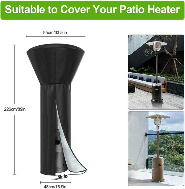 210D Patio Heater Cover, Standup Outdoor Round Heater Covers with Storage Bag, Oxford Fabric Windproof & Waterproof Heater Covers with Zipper and Drawstring, 89'' H x 33" D x 19" B, Black