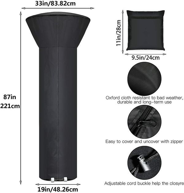 210D Patio Heater Cover, Standup Outdoor Round Heater Covers with Storage Bag, Oxford Fabric Windproof & Waterproof Heater Covers with Zipper and Drawstring, 87'' H x 33" D x 19" B, Black