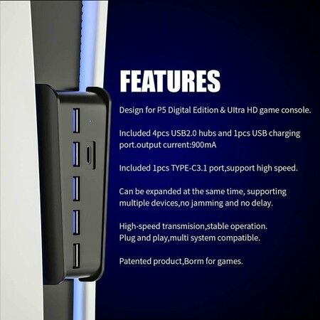 PS5 USB Hub 4 Ports, High-Speed Data Transfer, Fast Charging Ports for DualSense Controller, Splitter Expander for Playstation 5