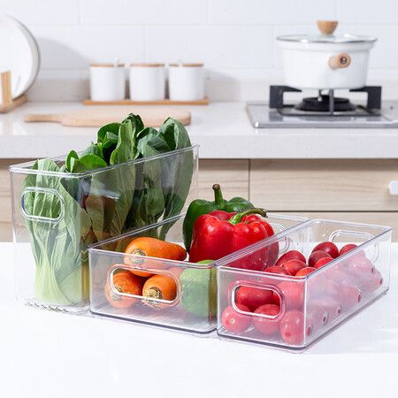 4 Pack Stackable Pantry Organizer Bins,for Kitchen, Freezer, Countertops, Cabinets - Plastic Food Storage Container with Handles for Home and Office 29.4*9.5*6.2CM