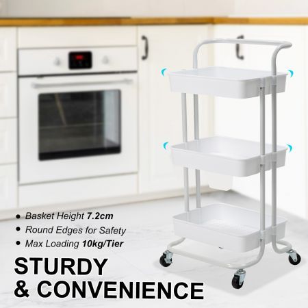 Trolley Cart Storage Utility Rack Shelf Organiser Swivel Kitchen 3 Tier WHITE