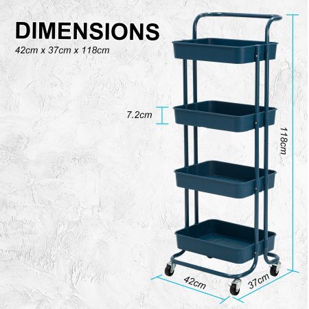 Trolley Cart Storage Utility Rack Shelf Organiser Swivel Kitchen 4 Tier BLUE