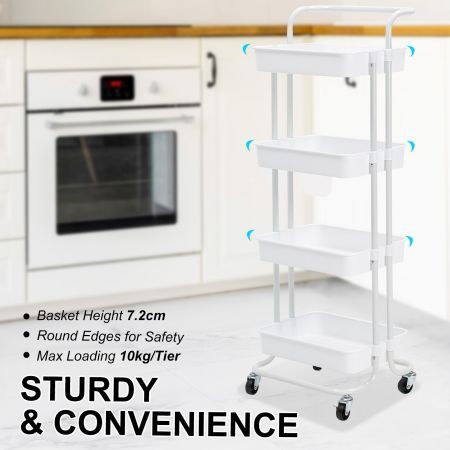 Trolley Cart Storage Utility Rack Shelf Organiser Swivel Kitchen 4 Tier WHITE