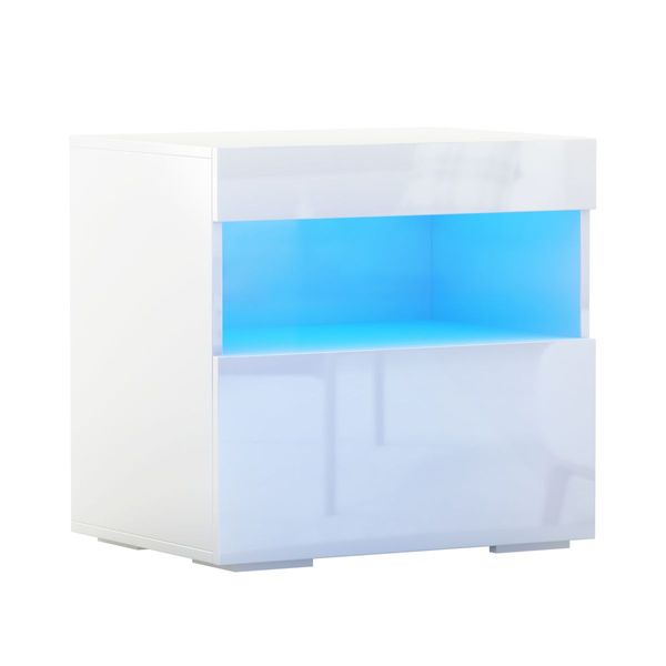 Beside Table LED Lighted Bedroom Nightstand Storage Cabinet High Gloss Front White