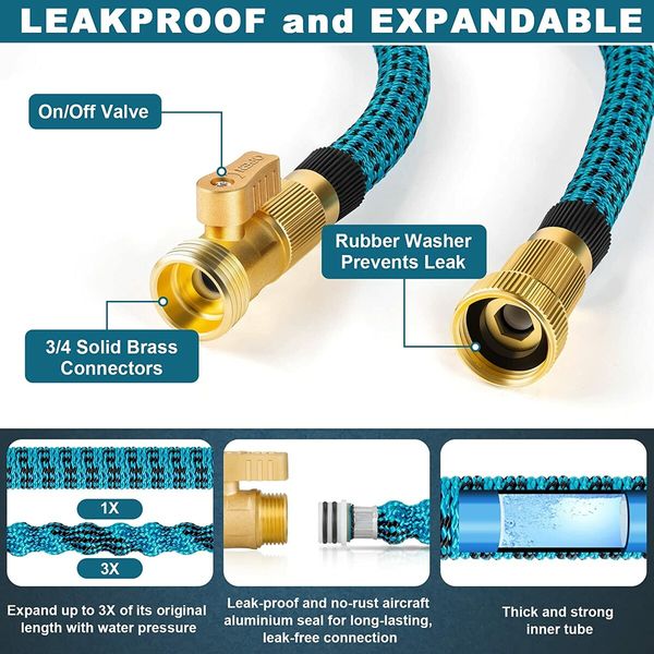 Garden Hose 100ft, Expandable Water Hose 100 feet with 10 Function Spray Nozzle, Extra Strength 3750D, Durable 4-Layers Latex Flexible Expandable Hose with 3/4" Solid Brass Fittings, Leakproof