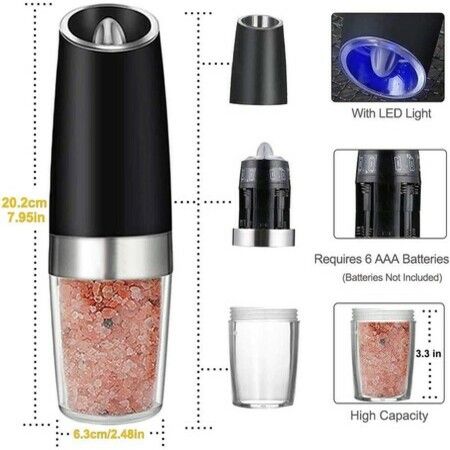 Gravity Electric Grinder Set of 2 Automatic Pepper and Salt Mill with Blue LED Light Adjustable Coarseness