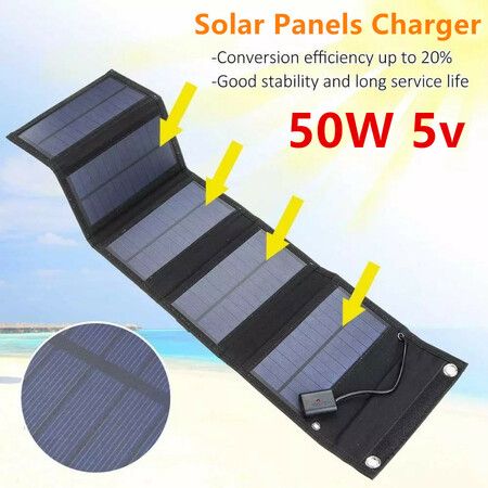 50W Foldable Solar Panel 5V Sun Power Solar Cells Bank Pack USB 10 in1 USB Cable Waterproof for Phone Backpack Camping Hiking