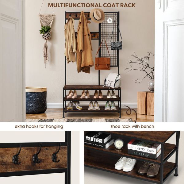 3 In 1 Entryway Hall Tree Shoe Storage Bench Coat Clothes Rack Hooks Stand Display Shelf