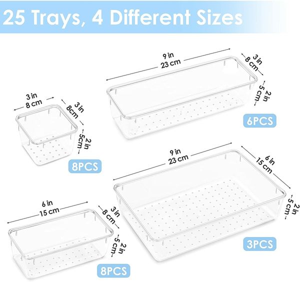 25 PCS Clear Plastic Drawer Organizers Set,4-Size Versatile Bathroom and Vanity Drawer Organizer Trays, Storage Bins for Makeup, Jewelries, Kitchen Utensils and Office