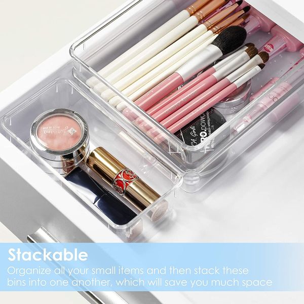 25 PCS Clear Plastic Drawer Organizers Set,4-Size Versatile Bathroom and Vanity Drawer Organizer Trays, Storage Bins for Makeup, Jewelries, Kitchen Utensils and Office