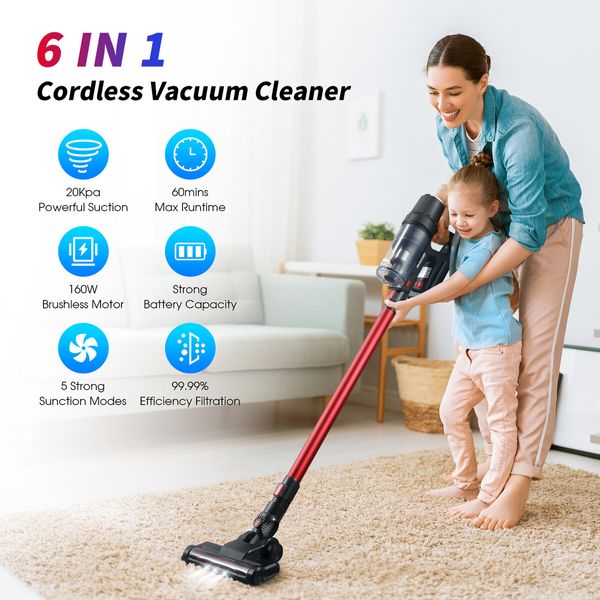 Maxkon 160W Cordless Stick Vacuum Cleaner Floor Mop Portable Powerful Suction 20000PA 60min