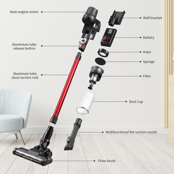 Maxkon 160W Cordless Stick Vacuum Cleaner Floor Mop Portable Powerful Suction 20000PA 60min