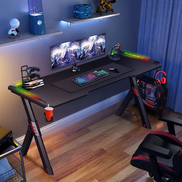 Gaming Desk Office Computer Racer Table Desktop 140CM RGB LED Carbon Fiber