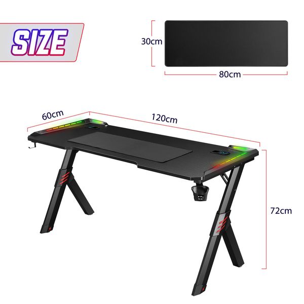 120CM Gaming Desk Computer Office Racer Table RGB LED Carbon Fiber USB Wireless Charger 