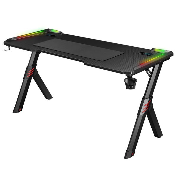 120CM Gaming Desk Computer Office Racer Table RGB LED Carbon Fiber USB Wireless Charger 