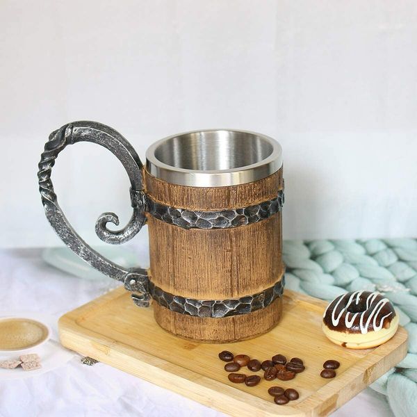 500ML Vintage Faux Oak Wood Beer Mug, Medieval Retro Viking Stainless Steel Coffee Cup Stein Tankard