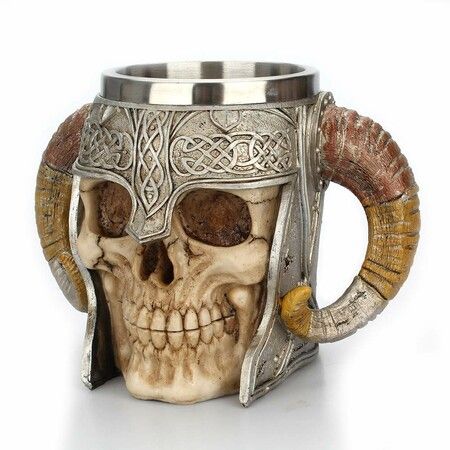 Viking Skull Mug, Valhalla Warrior Tankard Stainless Steel Double Handle 600ml Mug for Men Women