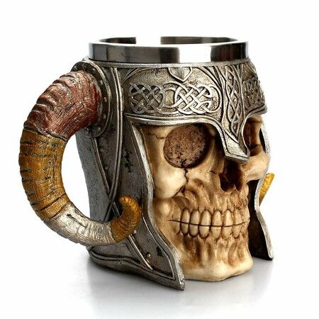 Viking Skull Mug, Valhalla Warrior Tankard Stainless Steel Double Handle 600ml Mug for Men Women