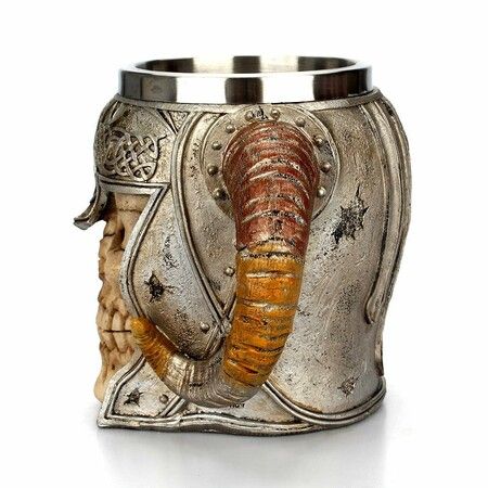 Viking Skull Mug, Valhalla Warrior Tankard Stainless Steel Double Handle 600ml Mug for Men Women