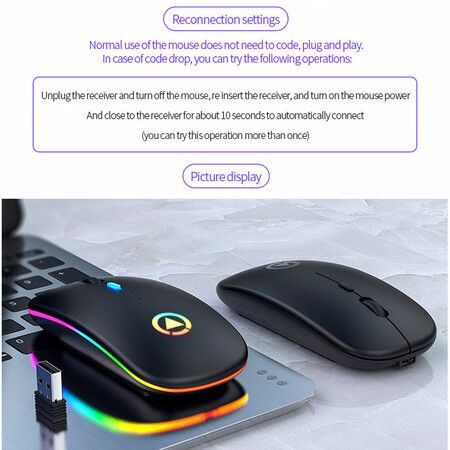 Rechargeable Ultra Thin Colorful Ergonomic Design And Comfortable Shape Wireless Mouse Wireless Optical Gaming Mouse (Black)