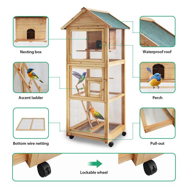 Petscene Pet Bird Cage Large Aviary Cockatiel House Budgie Parrot Pigeon Outdoor Indoor with Wheels