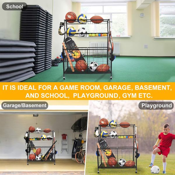 All-in-one Ball Storage Rack Sports Equipment Garage Organizer Basketball Holder Cart with Wheels Hooks Metal