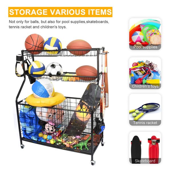 All-in-one Ball Storage Rack Sports Equipment Garage Organizer Basketball Holder Cart with Wheels Hooks Metal