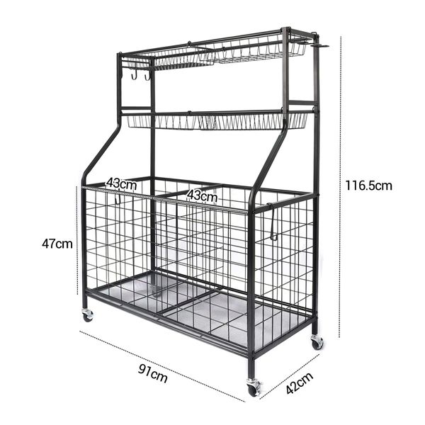 All-in-one Ball Storage Rack Sports Equipment Garage Organizer Basketball Holder Cart with Wheels Hooks Metal