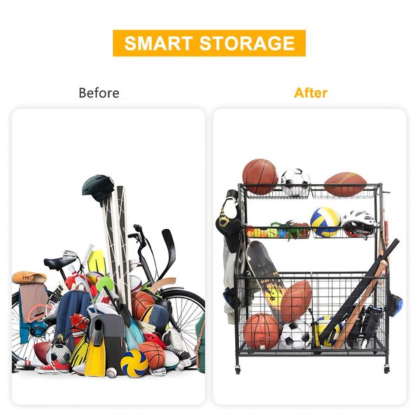 All-in-one Ball Storage Rack Sports Equipment Garage Organizer Basketball Holder Cart with Wheels Hooks Metal