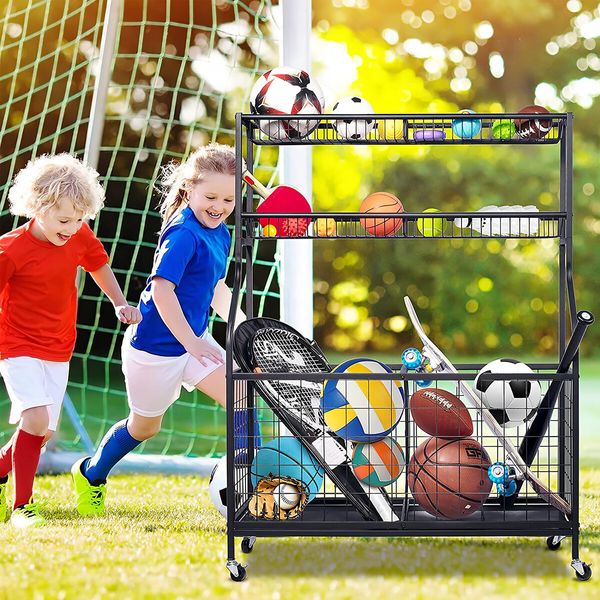 All-in-one Ball Storage Rack Sports Equipment Garage Organizer Basketball Holder Cart with Wheels Hooks Metal