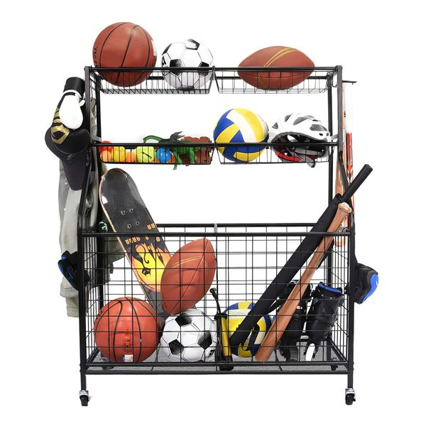 All-in-one Ball Storage Rack Sports Equipment Garage Organizer Basketball Holder Cart with Wheels Hooks Metal