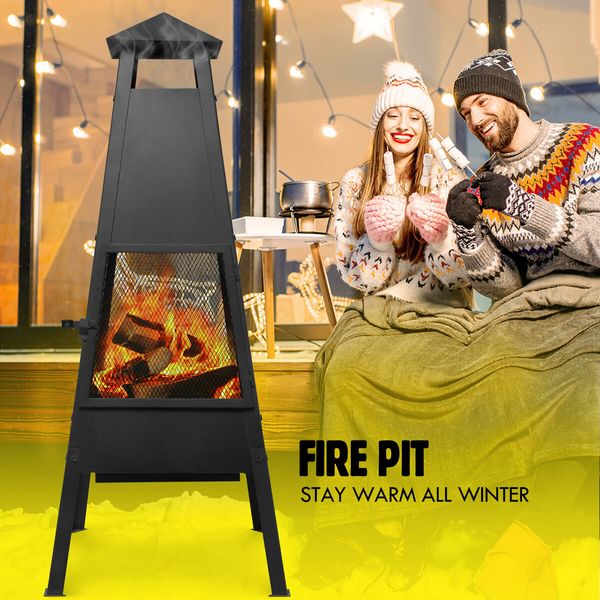 Fire Pit BBQ Grill Chiminea Patio Heater Outdoor with Chimney Portable Fireplace Camping Smoker Brazier Raincover 100cm