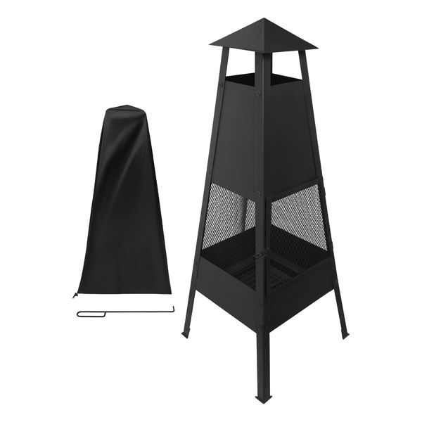 Fire Pit BBQ Grill Chiminea Patio Heater Outdoor with Chimney Portable Fireplace Camping Smoker Brazier Raincover 100cm