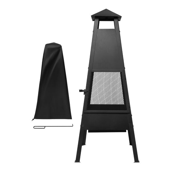 Fire Pit BBQ Grill Chiminea Patio Heater Outdoor with Chimney Portable Fireplace Camping Smoker Brazier Raincover 100cm