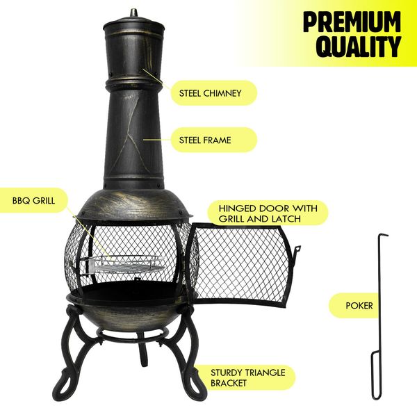 Fire Pit BBQ Grill Chiminea Outdoor Patio Heater Portable Fireplace Camping Smoker Brazier with Chimney Raincover 105cm