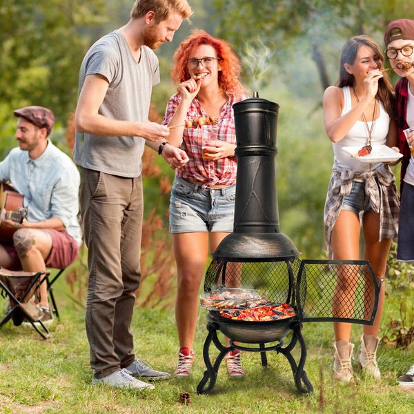 Fire Pit BBQ Grill Chiminea Outdoor Patio Heater Portable Fireplace Camping Smoker Brazier with Chimney Raincover 105cm