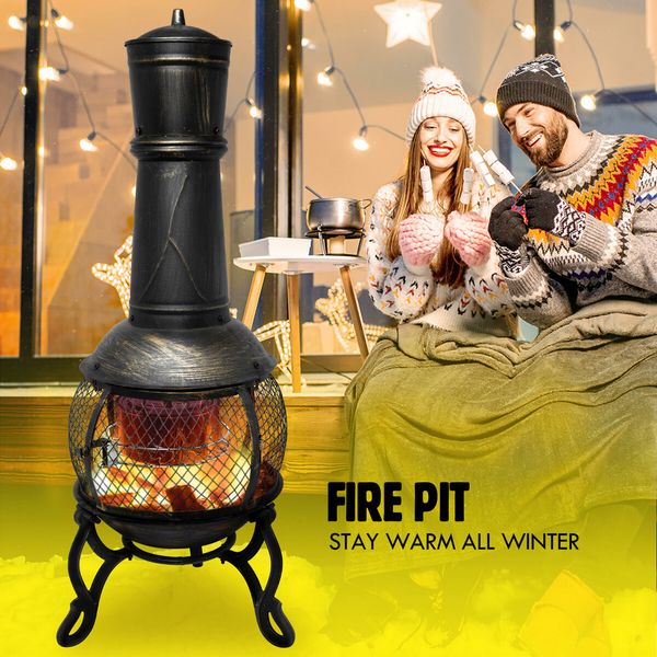 Fire Pit BBQ Grill Chiminea Outdoor Patio Heater Portable Fireplace Camping Smoker Brazier with Chimney Raincover 105cm