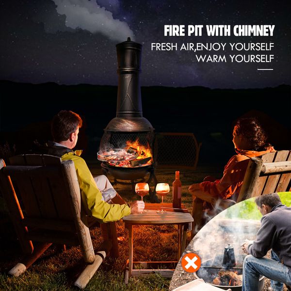 Fire Pit BBQ Grill Chiminea Outdoor Patio Heater Portable Fireplace Camping Smoker Brazier with Chimney Raincover 105cm