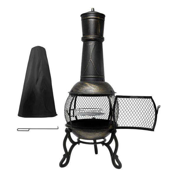 Fire Pit BBQ Grill Chiminea Outdoor Patio Heater Portable Fireplace Camping Smoker Brazier with Chimney Raincover 105cm