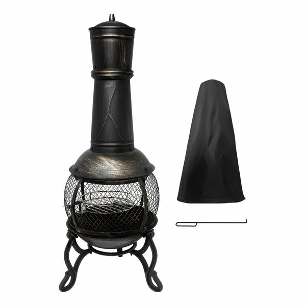 Fire Pit BBQ Grill Chiminea Outdoor Patio Heater Portable Fireplace Camping Smoker Brazier with Chimney Raincover 105cm