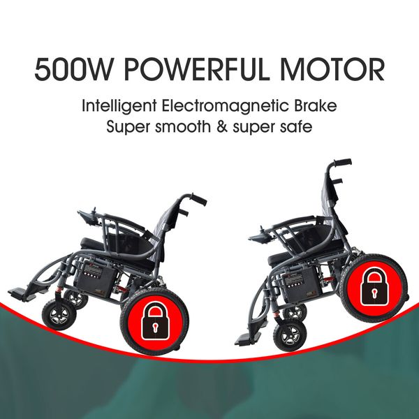 Electric Wheelchair Foldable Power Mobility Motorized Chair Lightweight Portable Front Rear Shock Absorption