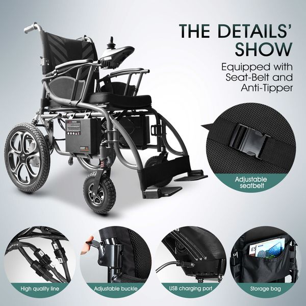 Electric Wheelchair Foldable Power Mobility Motorized Chair Lightweight Portable Front Rear Shock Absorption