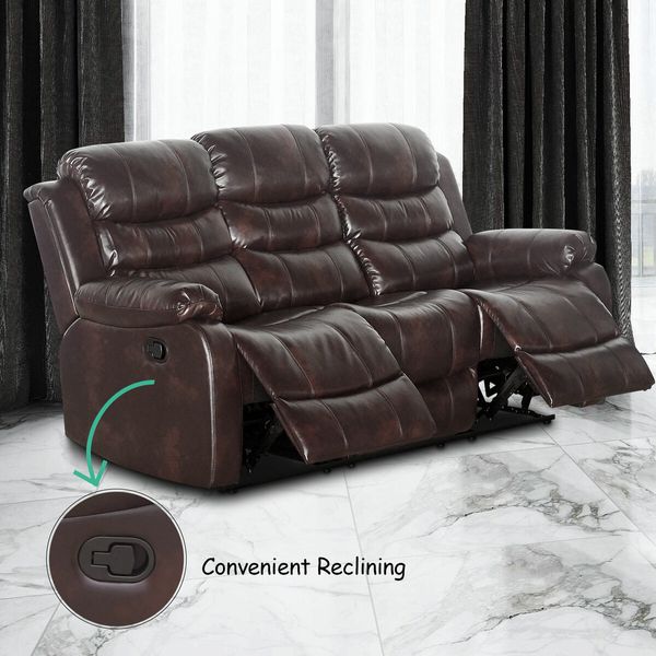 Brown Recliner Chair Sofa Adjustable Lounge Chair Three Seaters with Headrest and Footrest PU Leather Cover for Living Room