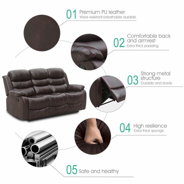 Brown Recliner Chair Sofa Adjustable Lounge Chair Three Seaters with Headrest and Footrest PU Leather Cover for Living Room