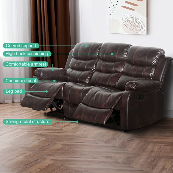 Brown Recliner Chair Sofa Adjustable Lounge Chair Three Seaters with Headrest and Footrest PU Leather Cover for Living Room