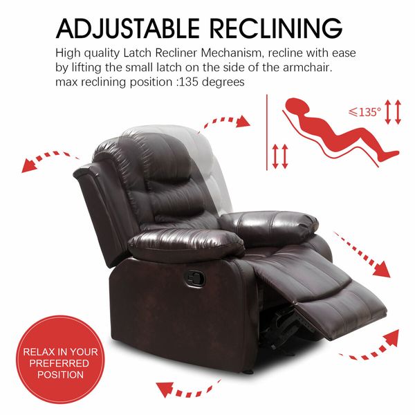 Recliner Chair Sofa Lounge Armchair Adjustable Padded Seat with PU Leather Cover Brown for Living Room