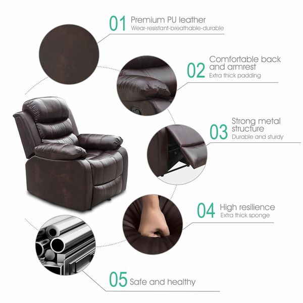 Recliner Chair Sofa Lounge Armchair Adjustable Padded Seat with PU Leather Cover Brown for Living Room