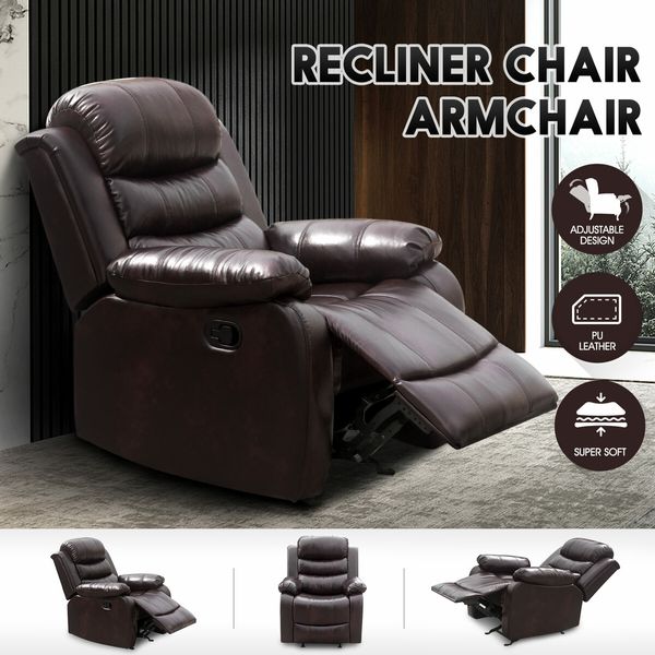 Recliner Chair Sofa Lounge Armchair Adjustable Padded Seat with PU Leather Cover Brown for Living Room