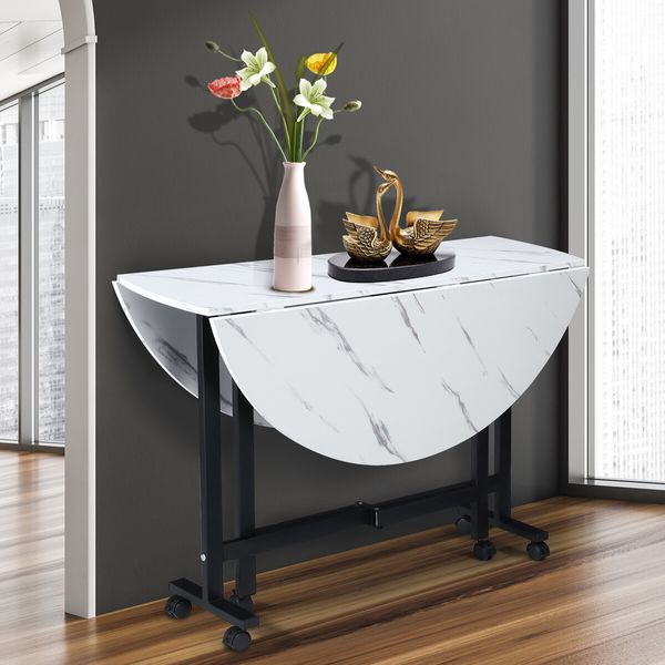 Marble Dining Table Foldable Wood Drop Leaf Multifunctional Desk Wheels Metal Legs White